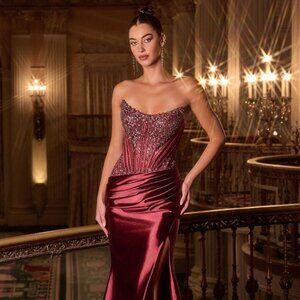 New Sheath Strapless Soft Satin Gown w/ Sheer Glitter Bodice & Zip Back CD725